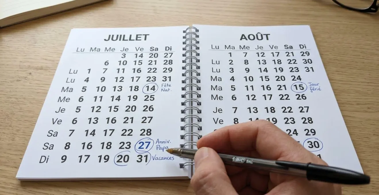 Gros plan sur un calendrier papier ouvert sur les mois de juillet et août, avec des dates encerclées au stylo