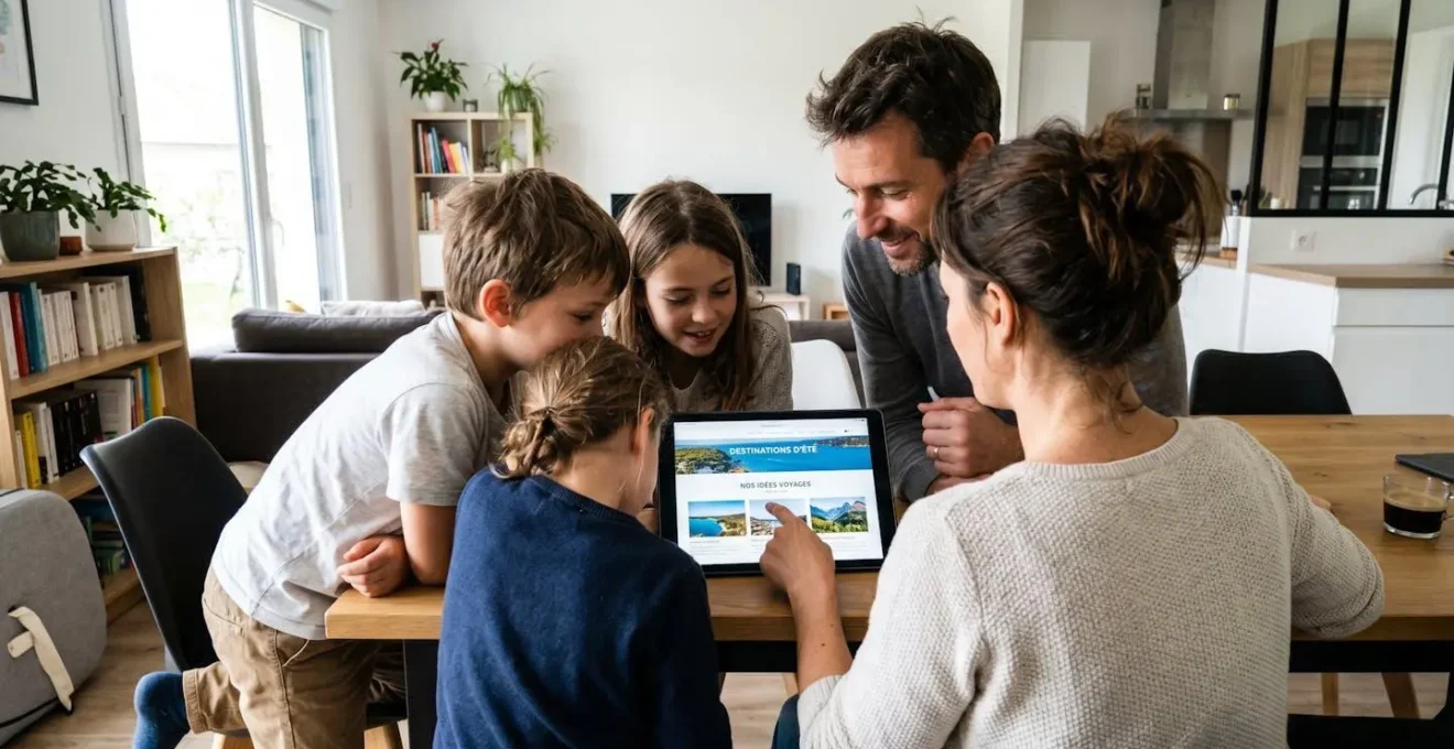 Une famille assise dans un salon lumineux consulte ensemble une tablette pour organiser son voyage estival