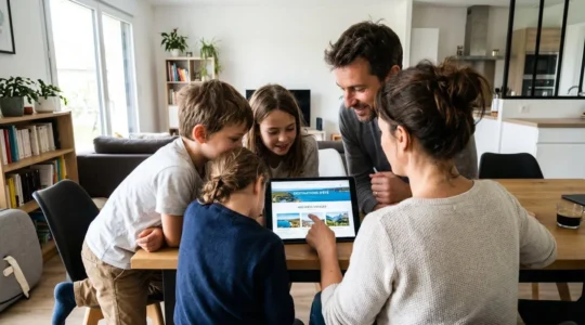 Une famille assise dans un salon lumineux consulte ensemble une tablette pour organiser son voyage estival