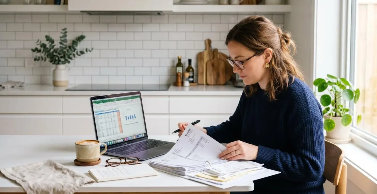 Femme analysant des documents comptables et fiscaux pour sa location saisonnière dans une cuisine moderne
