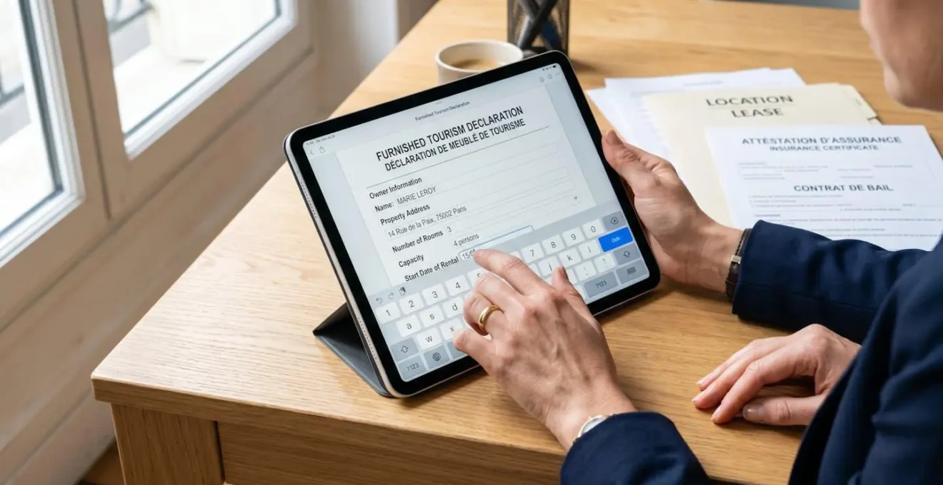 Main complétant un formulaire d'enregistrement de meublé de tourisme sur une tablette