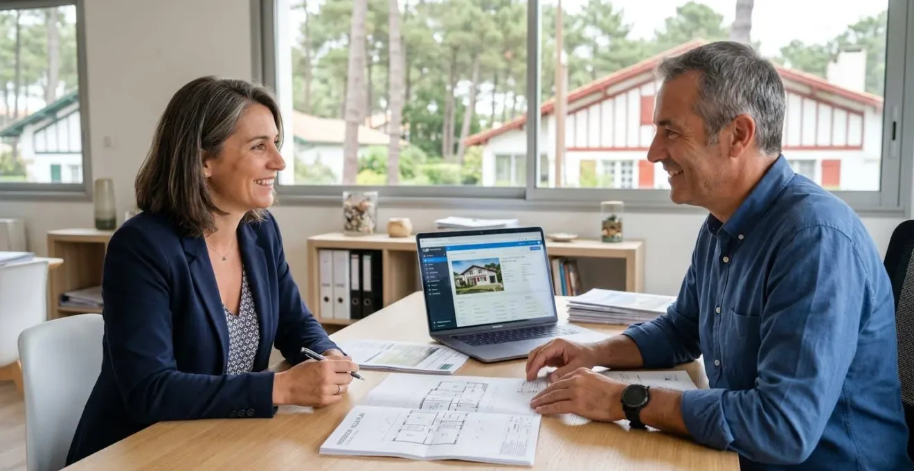 Propriétaire d'un bien immobilier rencontrant un gestionnaire locatif dans un bureau d'agence à Hossegor
