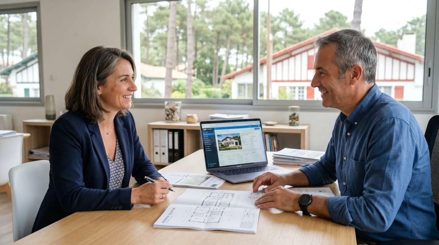 Propriétaire d'un bien immobilier rencontrant un gestionnaire locatif dans un bureau d'agence à Hossegor