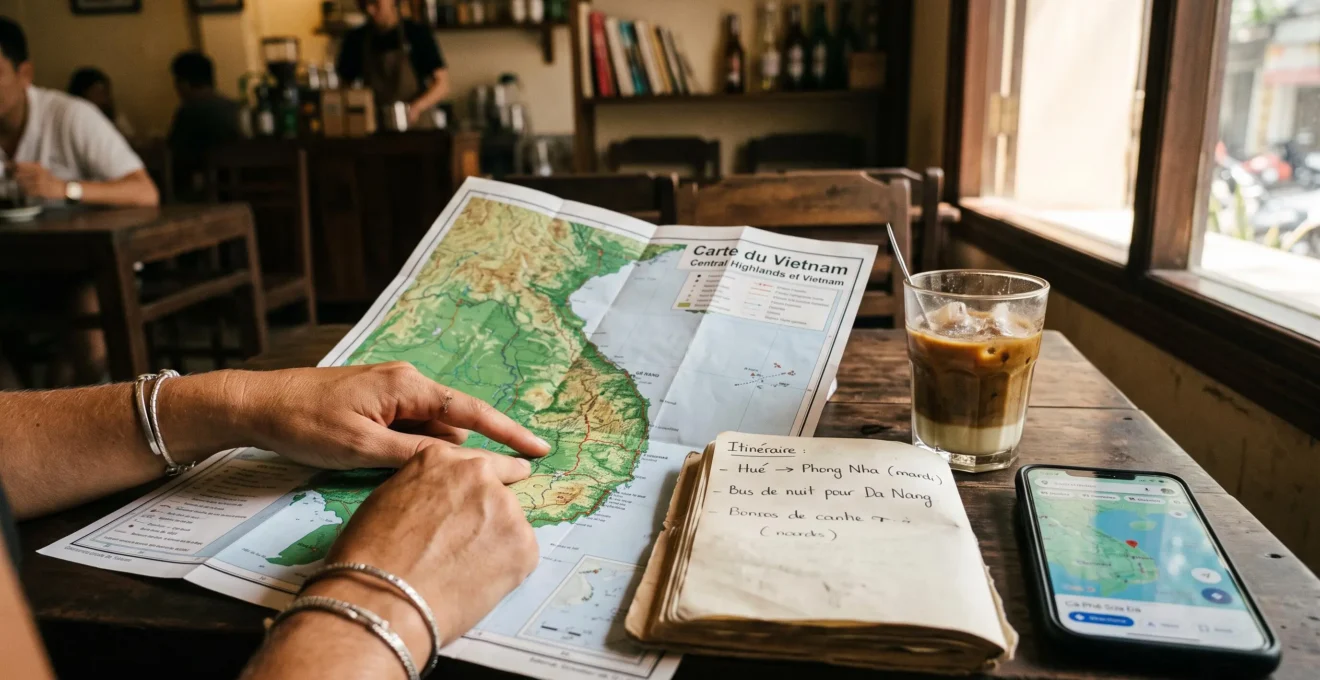 Mains de voyageur consultant carte détaillée du Vietnam sur table de café local, planifiant itinéraire entre régions Nord et Centre avec carnet de notes et café vietnamien