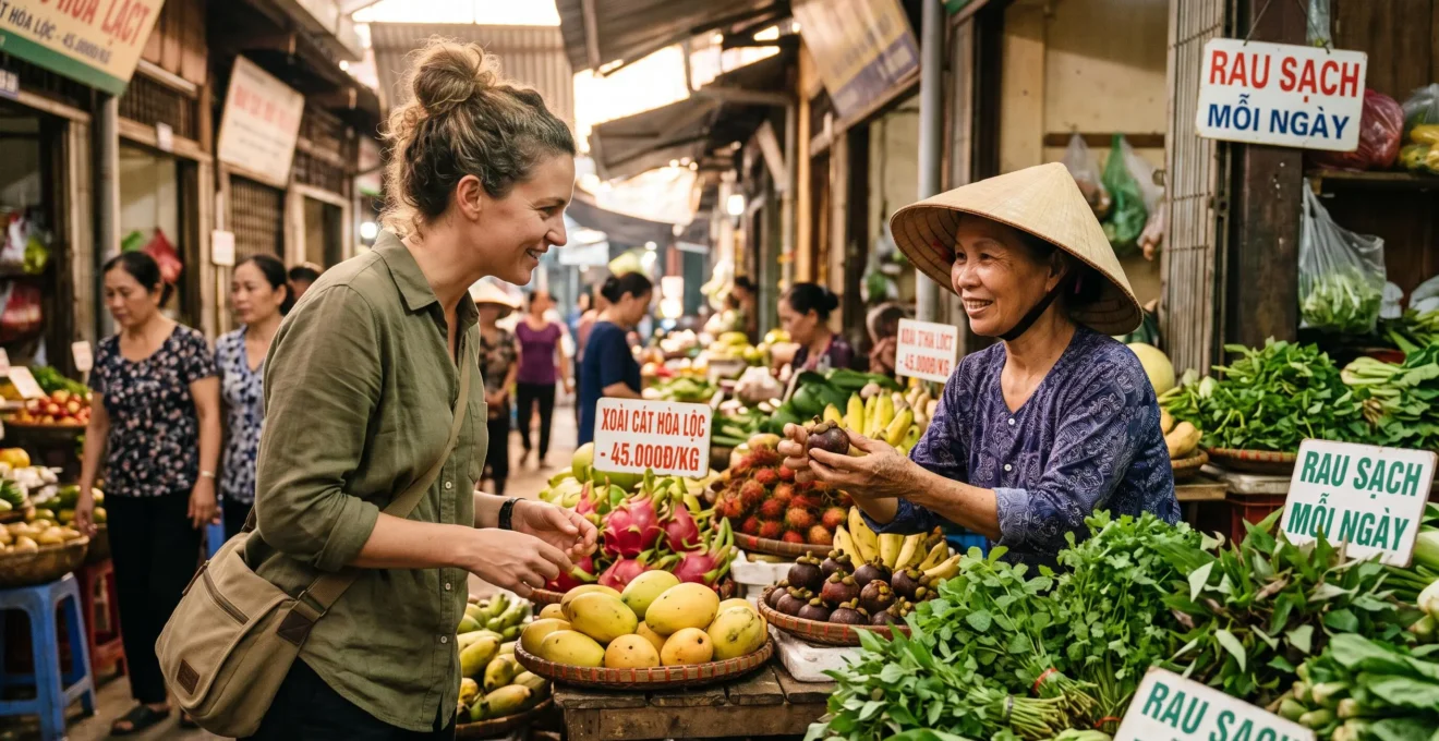 Voyageuse occidentale découvrant étals colorés de fruits tropicaux et herbes fraîches dans marché matinal vietnamien traditionnel, échangeant avec vendeuse locale portant chapeau conique non la
