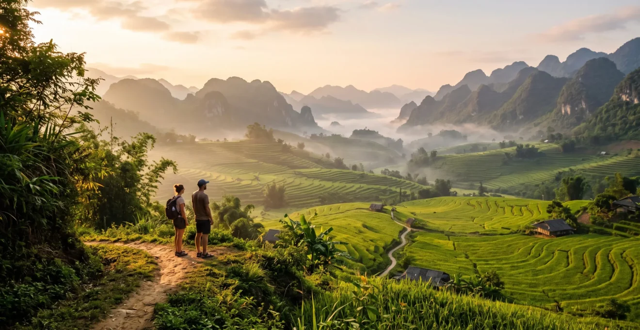 Vue panoramique des rizières en terrasses verdoyantes de Pu Luong ou Ninh Binh au Nord Vietnam à l'aube, avec formations karstiques en arrière-plan et voyageurs contemplant le paysage dans lumière dorée matinale