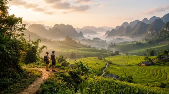 Vue panoramique des rizières en terrasses verdoyantes de Pu Luong ou Ninh Binh au Nord Vietnam à l'aube, avec formations karstiques en arrière-plan et voyageurs contemplant le paysage dans lumière dorée matinale